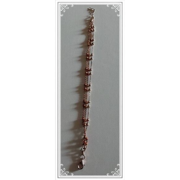 Sterling Silver Tri-Tone Triple Chain Ball Beaded Link Bracelet - Picture 2 of 2